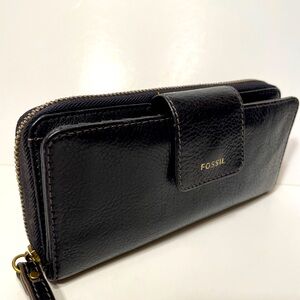 Vintage FOSSIL Leather Wallet Black Zip Totally 90s W/ Checkbook Clutch Wristlet